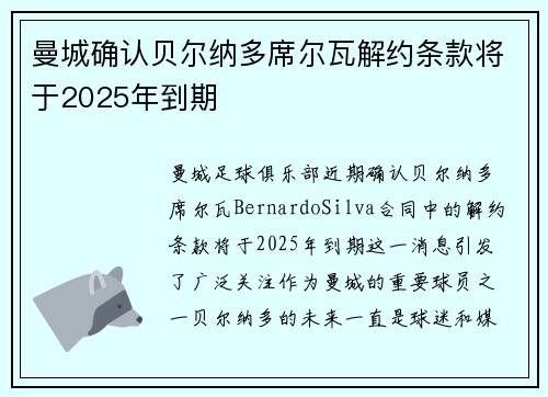 曼城确认贝尔纳多席尔瓦解约条款将于2025年到期
